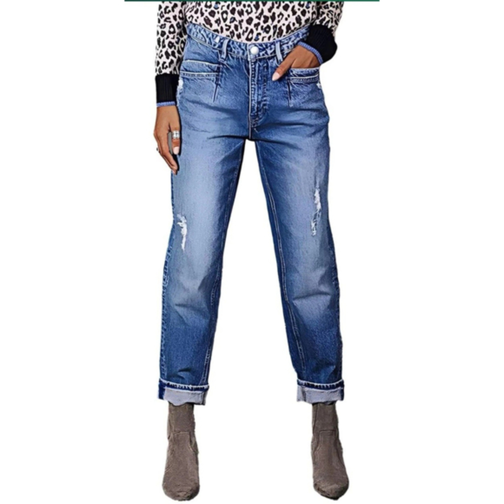Striaght Leg Jeans for Women Mid Rise Boyfriend Ripped Wash Roll Hem M